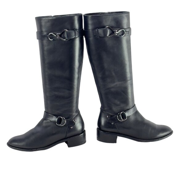 COLE HAAN Women's Black Leather Knee-High Riding Boots Buckle Detailing Size 7B - Picture 3 of 13